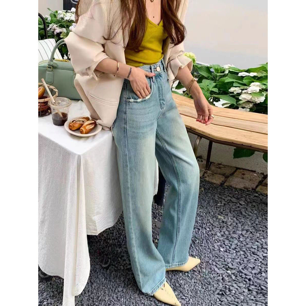 Ripped Narrow Version Wide-leg Loose Drape Mopping Pants Hot Girl High Waist Women's Straight Denim Trousers