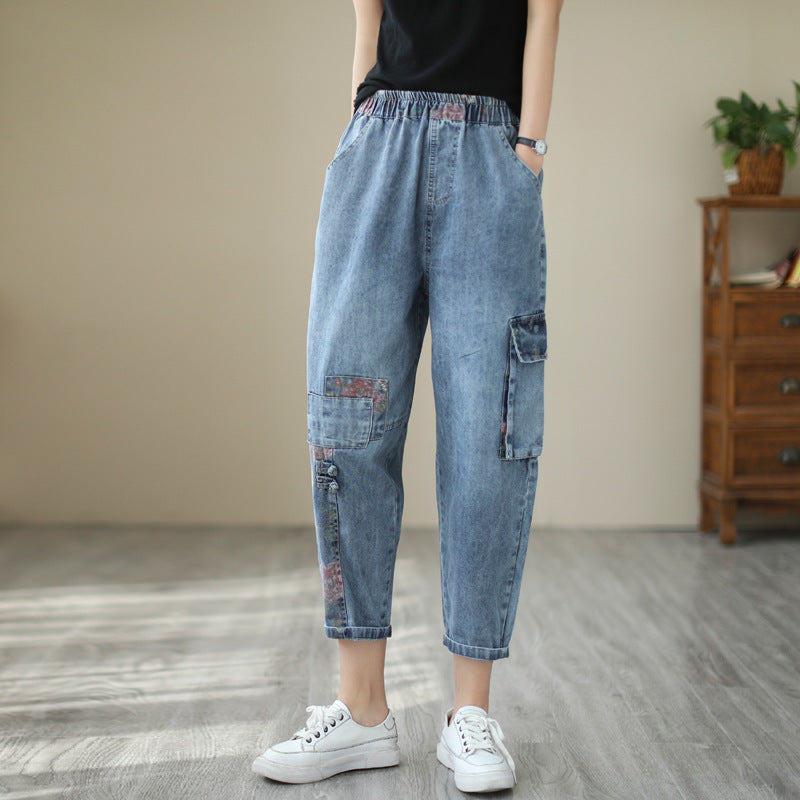 Ladies Vintage High Waist Casual Loose Printed Jeans