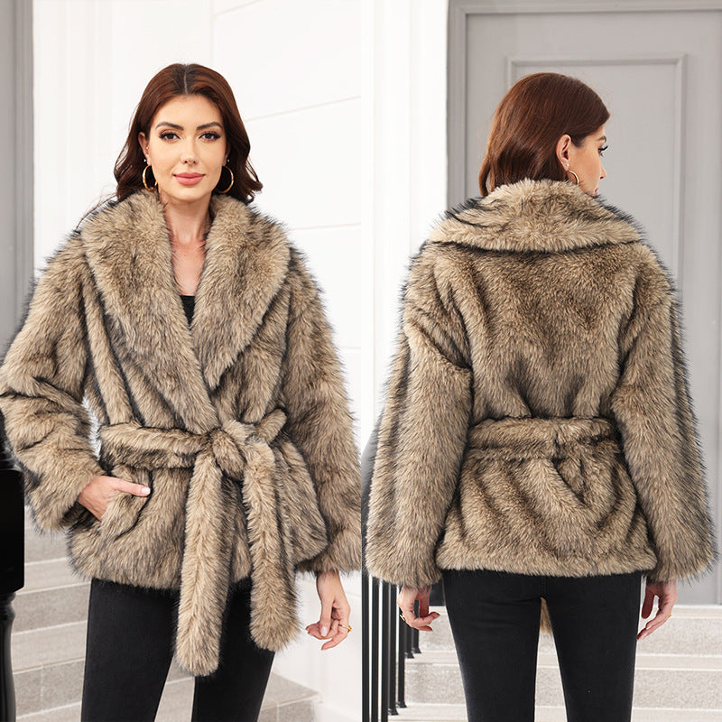 Fur Mid-length Coat With Belt Fashionable