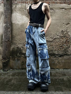 Retro Multi-pocket Tie-dye Cargo Jeans Loose Straight Trousers