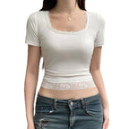 Y2g Solid Color Lace U-neck Sexy Midriff-baring Short Sleeve Top T-shirt Women's Clothing