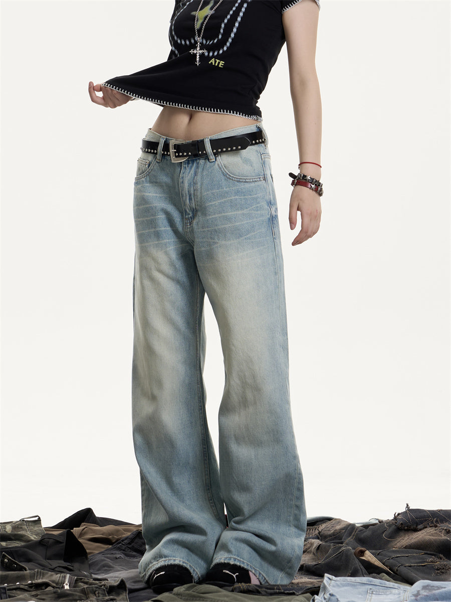 Retro Washed Distressed Jeans With Whiskers Female Hot Girl Loose