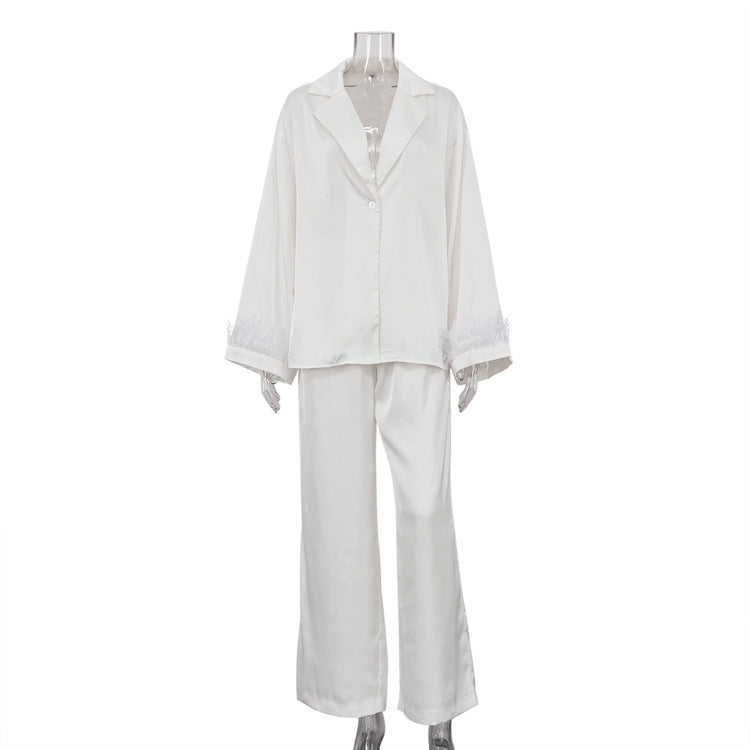 Stitching Design Feather Long Sleeve Lapel Top Casual Trousers Two-piece Set
