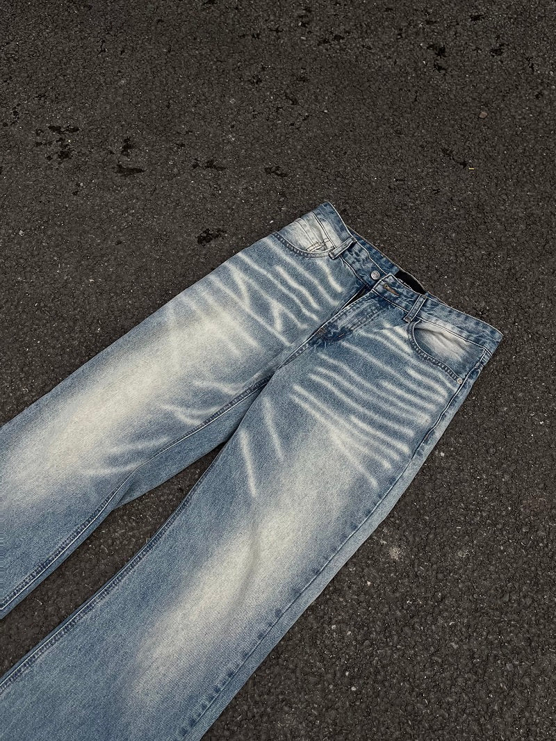 Vintage American Style Water Ripple Washed Blue Jeans For Men And Women