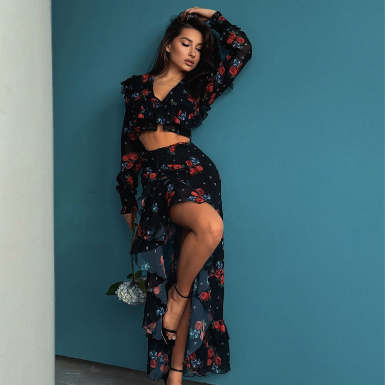 Printed Long Sleeve Short Top Design Ruffled Slit Sheath Skirt Two-piece Set